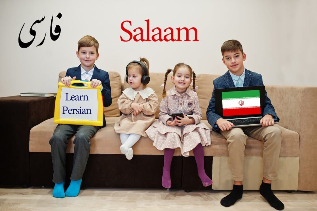 children holding Persian-related signs; concept photo for Persian courses online