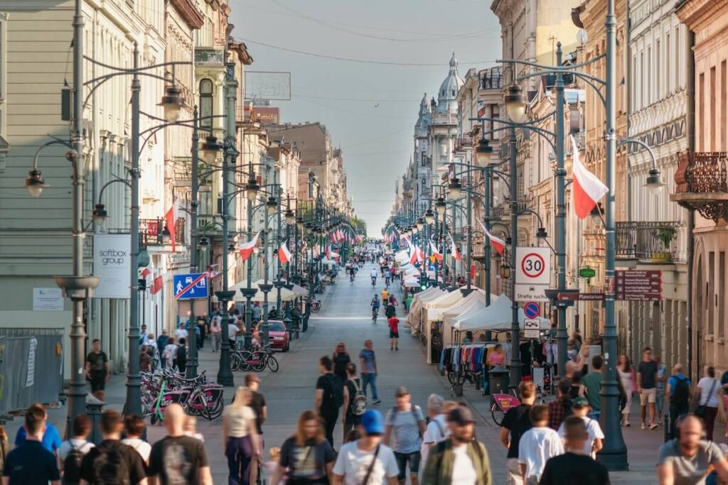 busy Piotrkowska Street in Poland