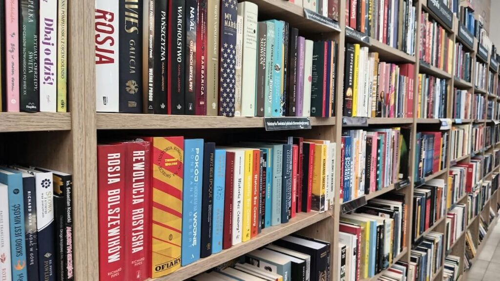 rows of Polish books in library