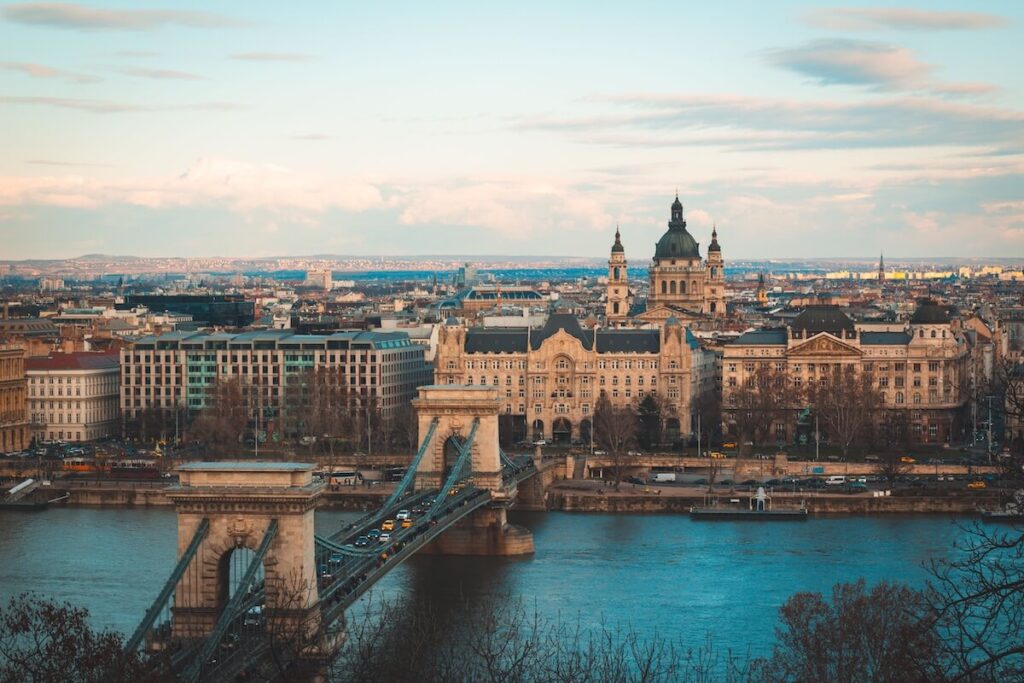 panoramic view of Chain Bridge over Danube River in Budapest, Hungary