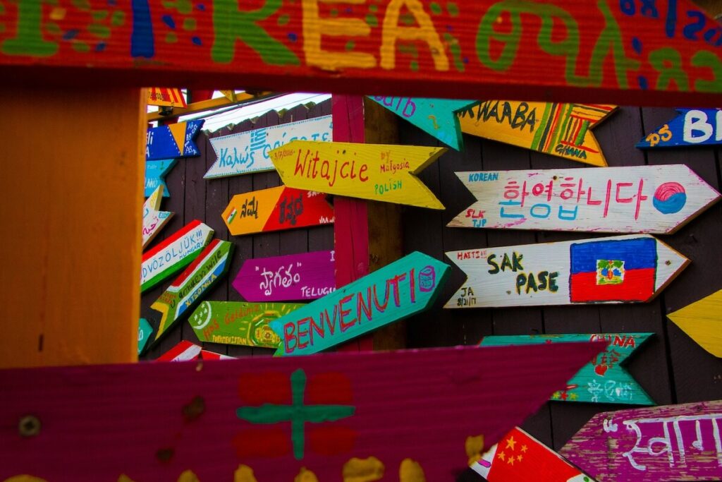 signs with greetings in different languages