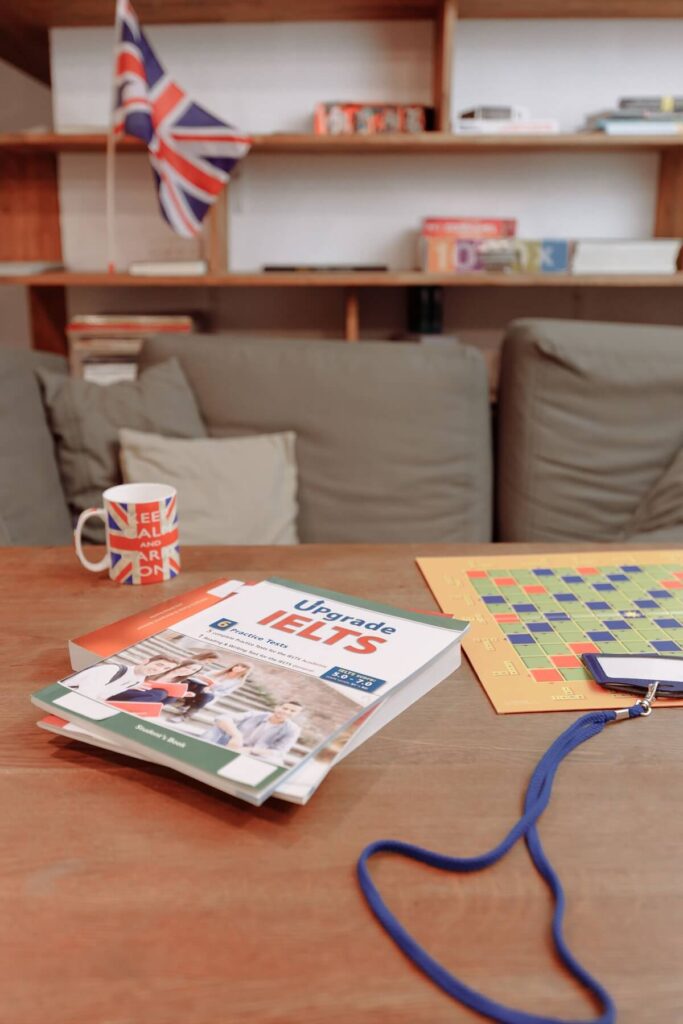 IELTS book on table, English language learning concept