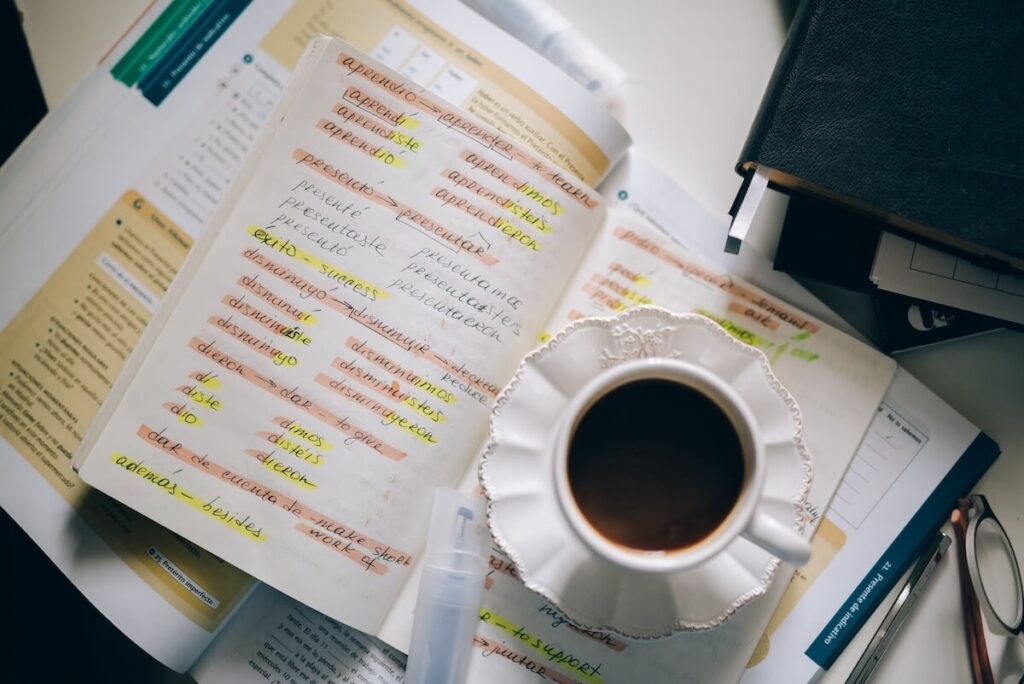 notebook with Spanish notes