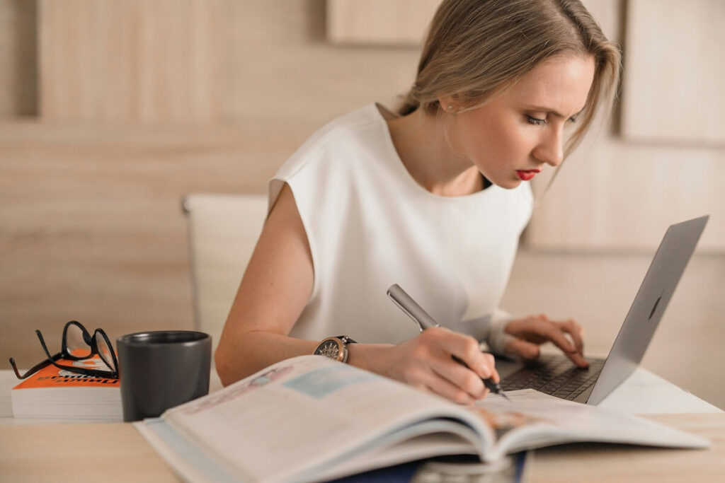 woman taking online course