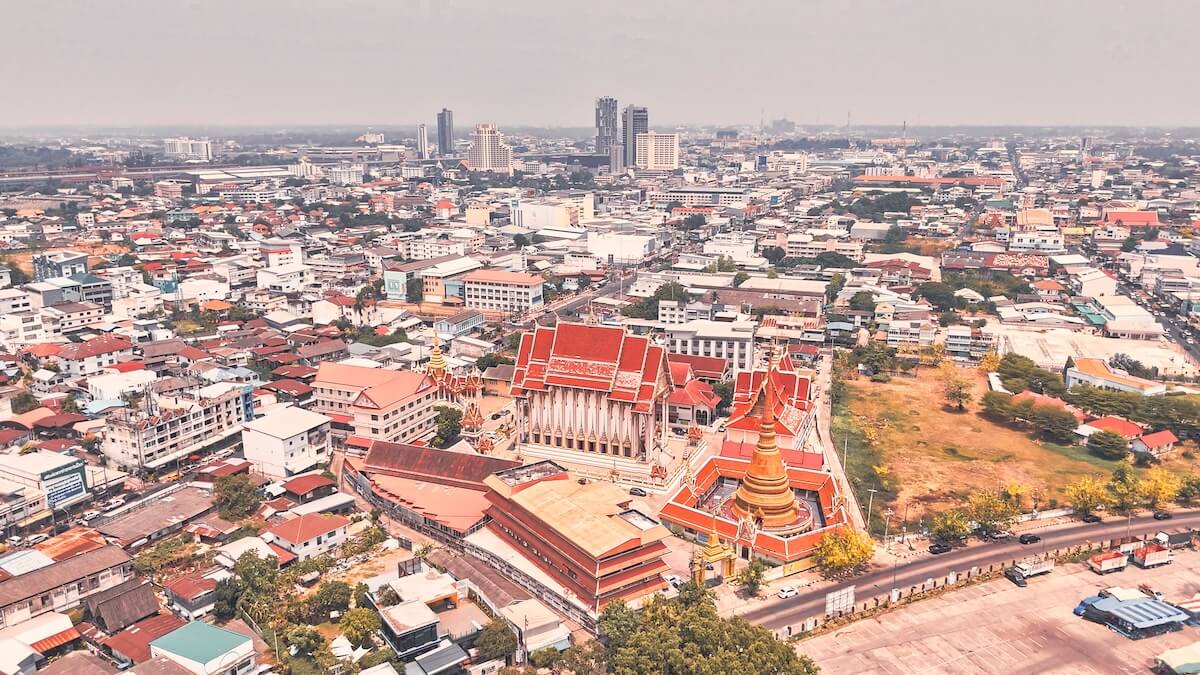 aerial view of Bangkok with temple and buildings